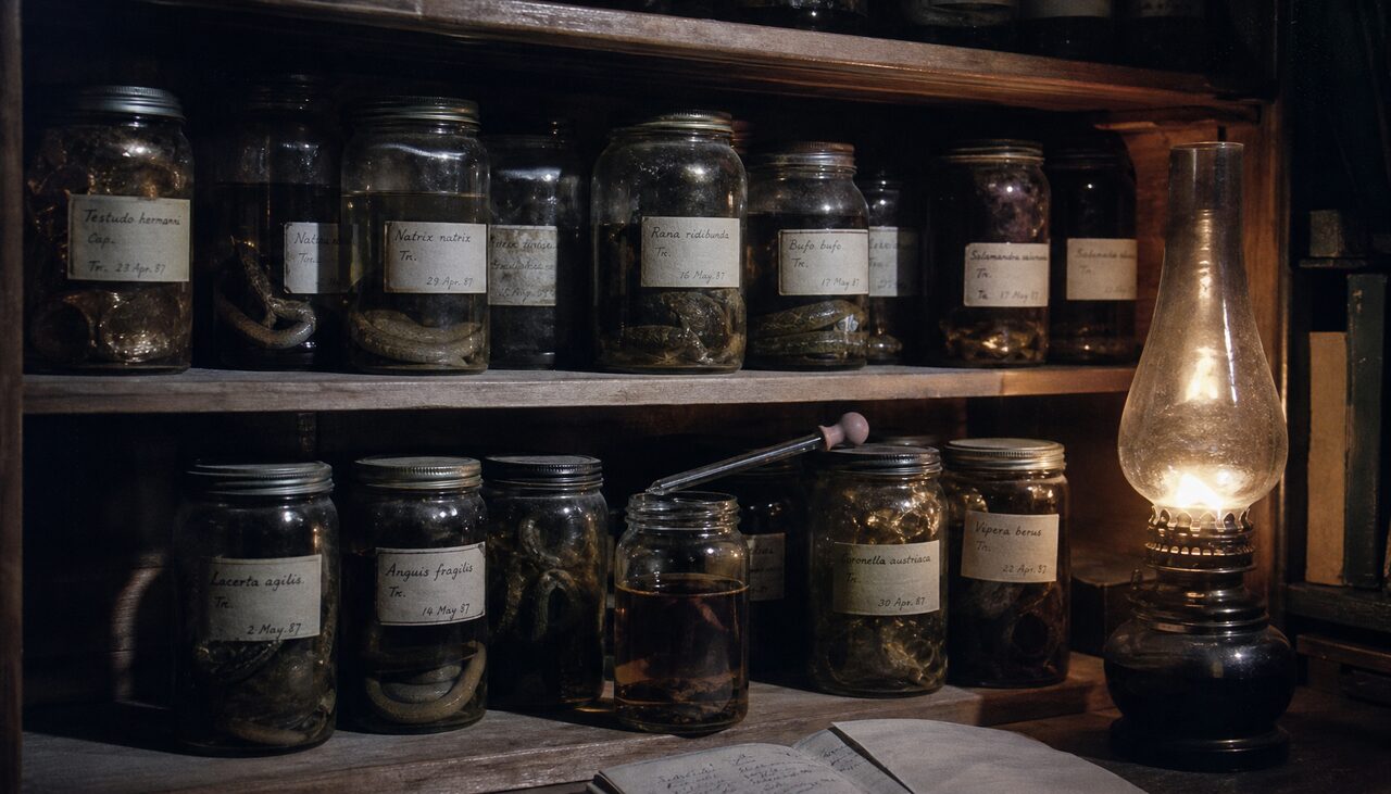 Glass specimen jars under lamplight. Seven samples, preserved in glycerine and mailed to men with microscopes.