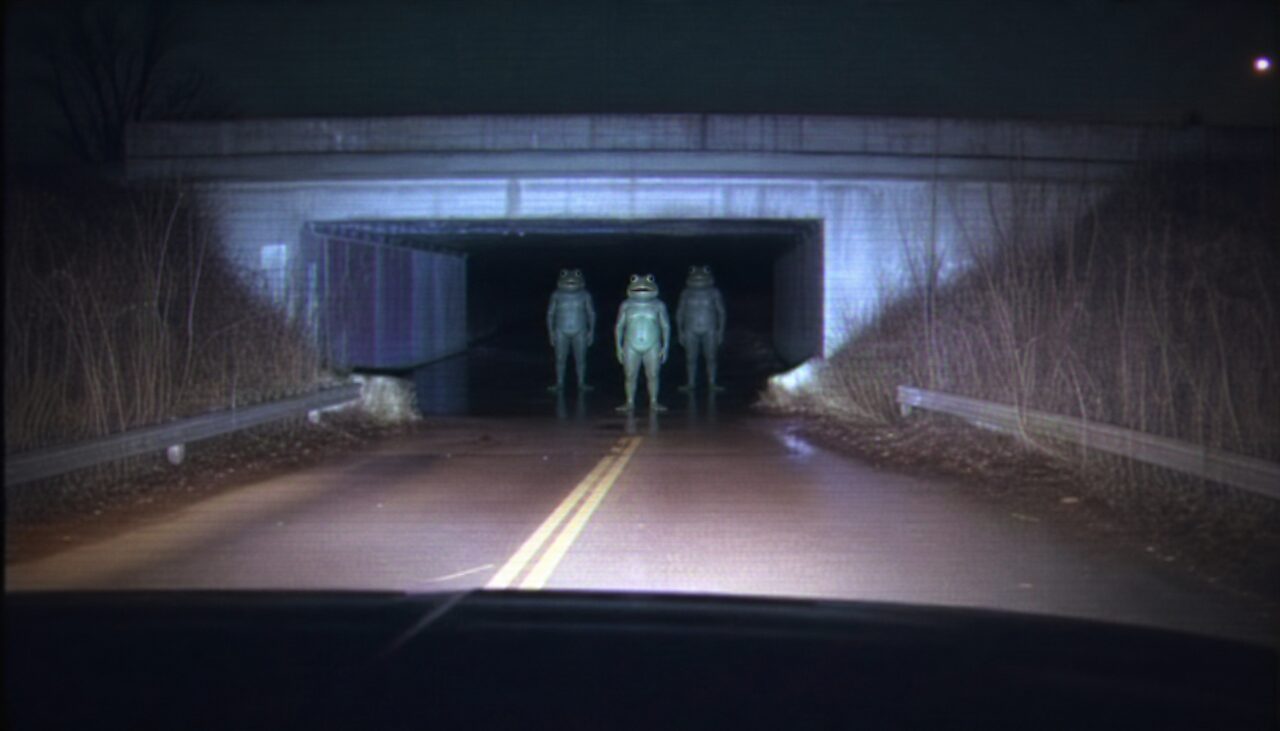1955, retold: three frog-like figures under a low bridge, one slightly forward of the others. The wand is not visible here. The wand is rarely visible.