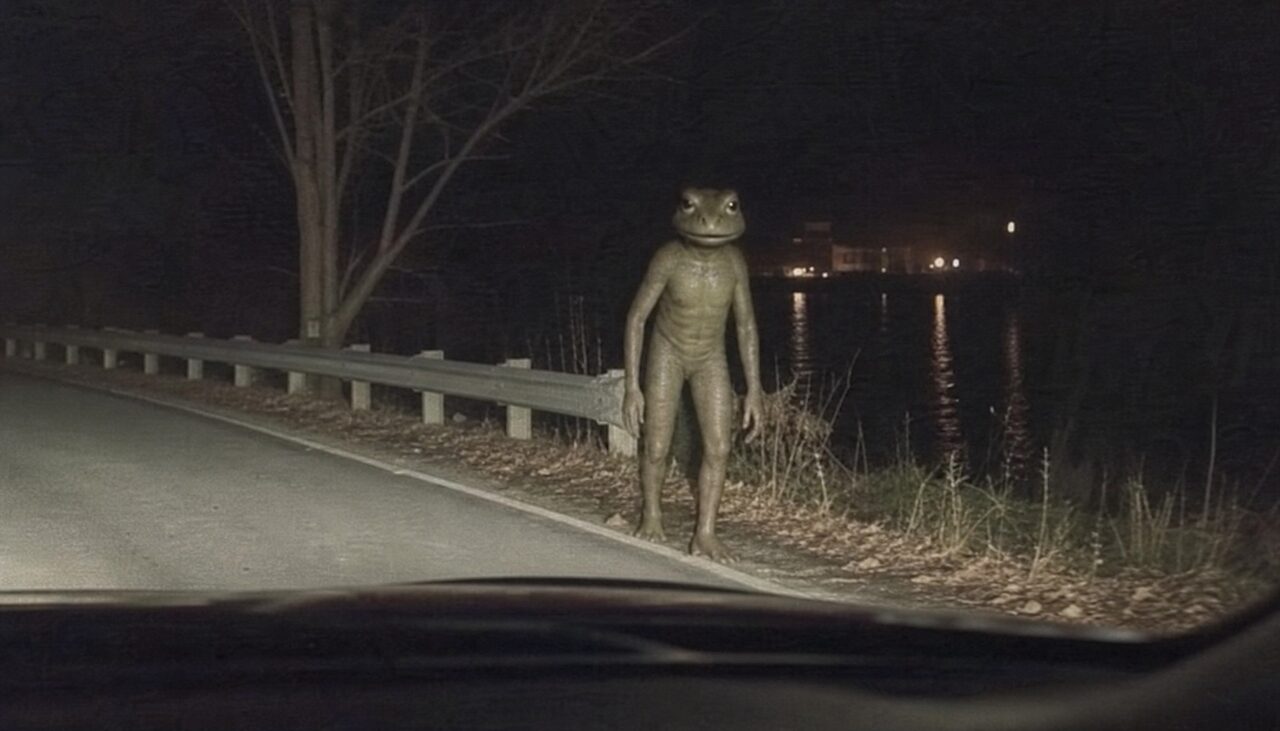 Driver's POV: a lean upright figure, wide flat face turned toward the windshield, the dark river behind it.
