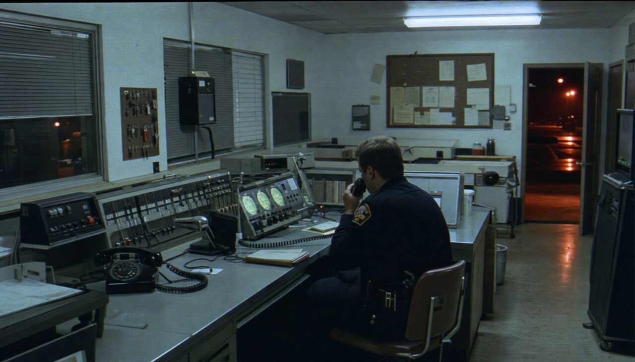 A small-town dispatch room, 1972: one officer at the radio console, green dial glow, the report being turned into a line in a log.