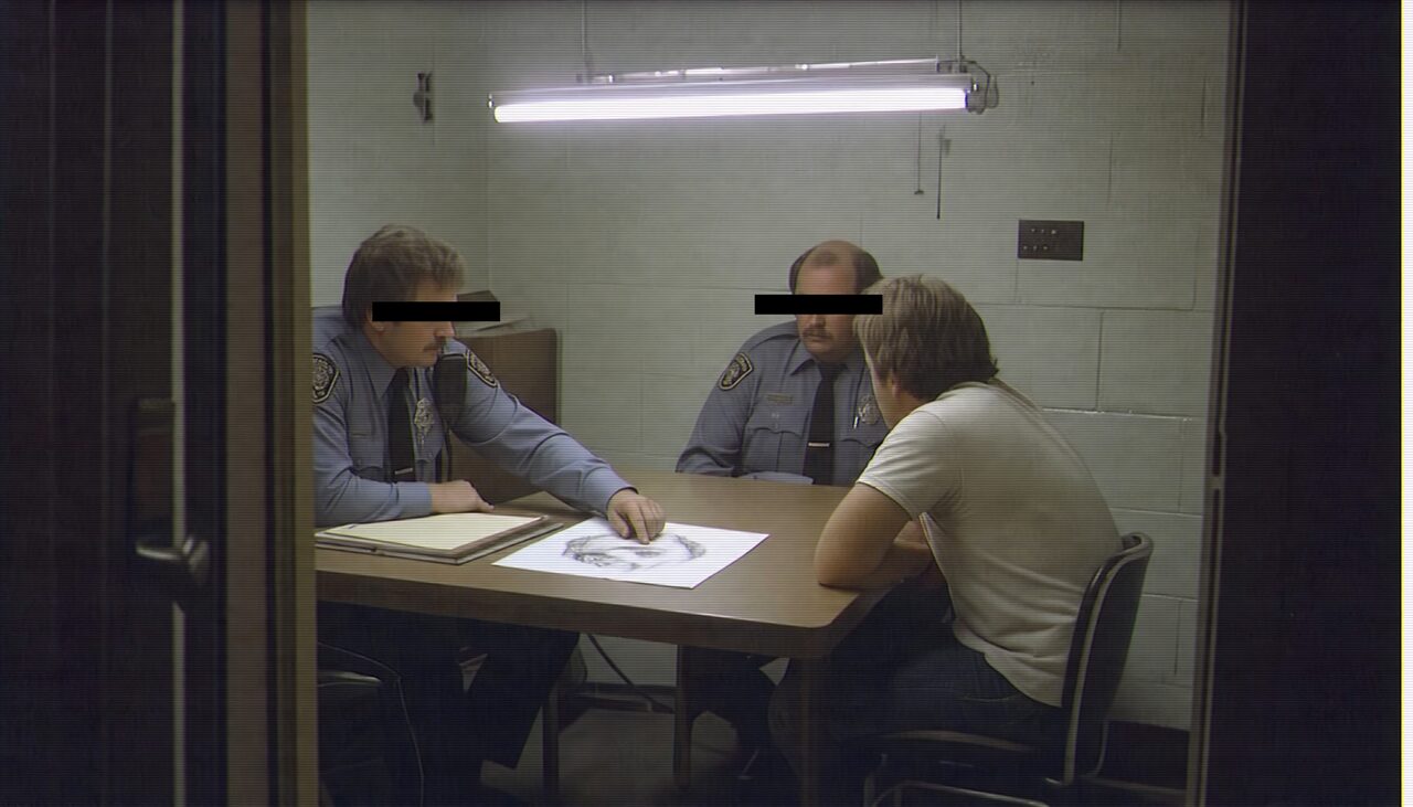 1976, retold: two officers across a table from a researcher, a hand-drawn sketch resting between them.