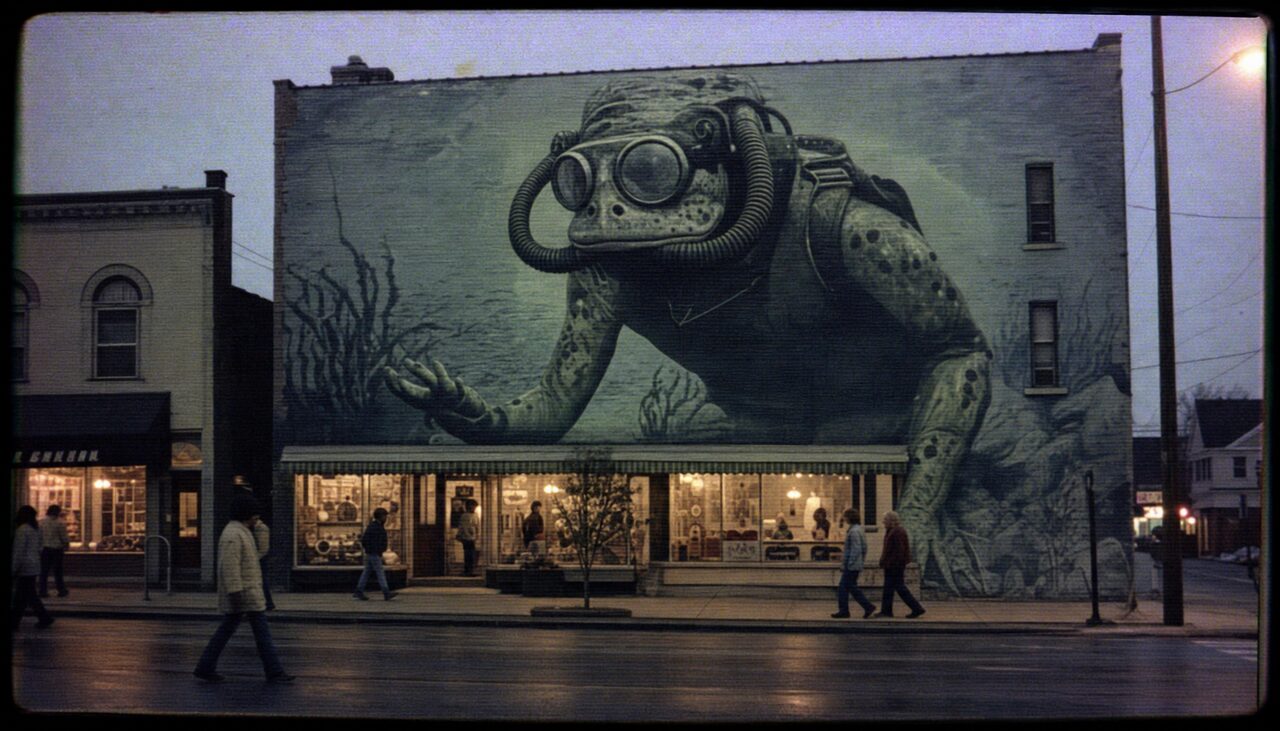 A frogman mural across the side of a brick building downtown, locals passing beneath it without looking up, as if it had always been there.