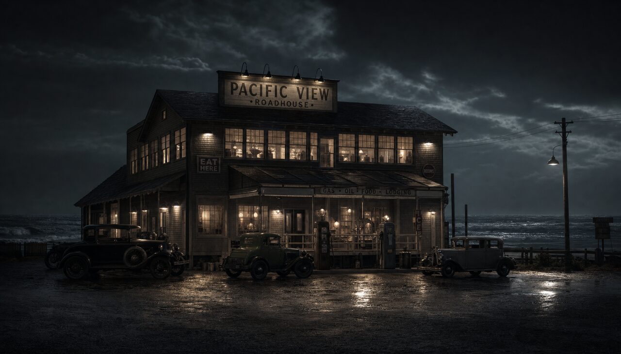 A two-story coastal roadhouse at night, both floors lit, cars out front. Everyone inside is committing a different crime.