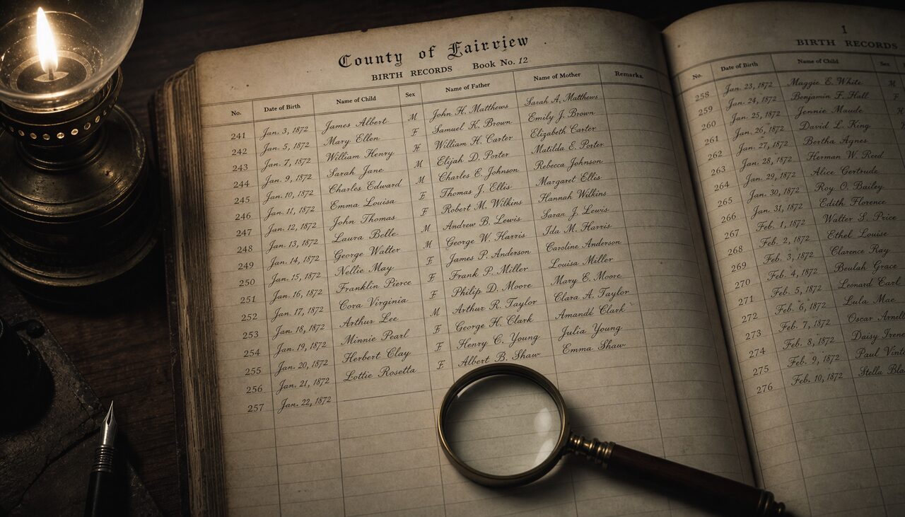 County records under lamplight, a magnifying glass resting on a blank line. The line stays blank.