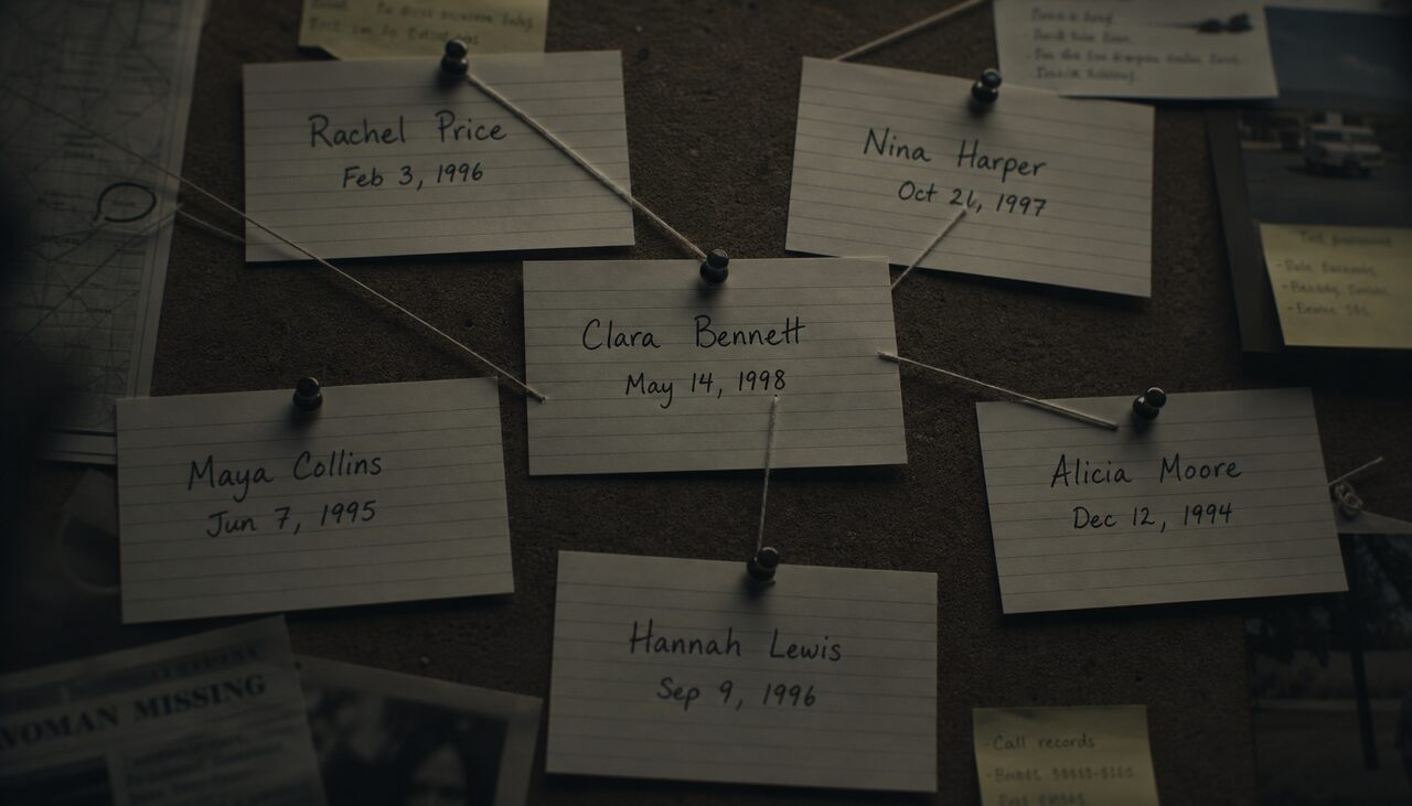 Index cards on a board, a different name and date on each, connected by string. The biography is crowdsourced.