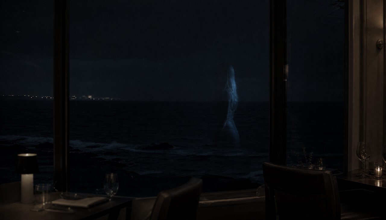 A faint blue-tinged reflection in a dark window, the ocean black beyond the glass. Almost a figure. Not quite a record.