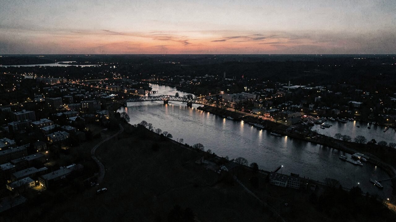 Point Pleasant at dusk, seen from across the Ohio River.