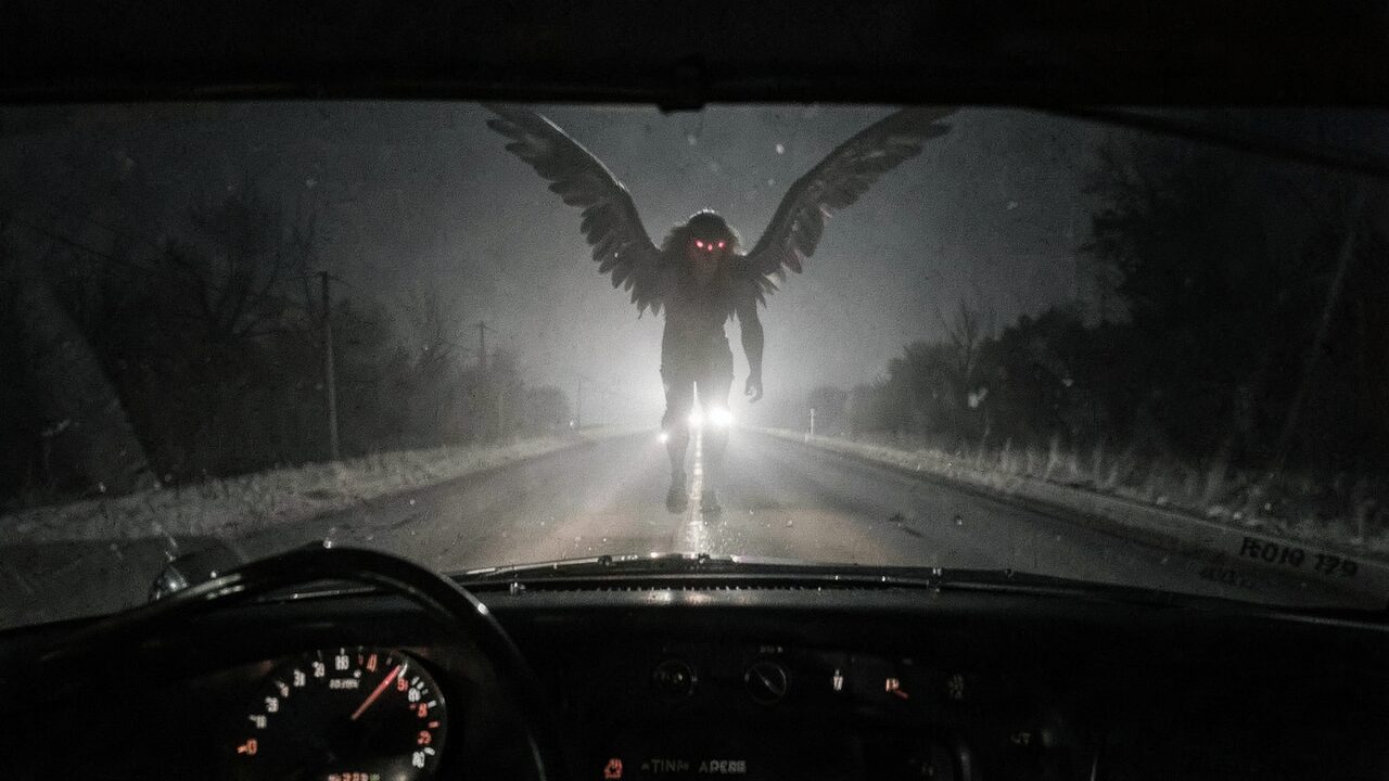 Six to seven feet of it, wings folded against its back, two red eyes catching the headlights. Not a shape at the edge of the beam. The thing itself.