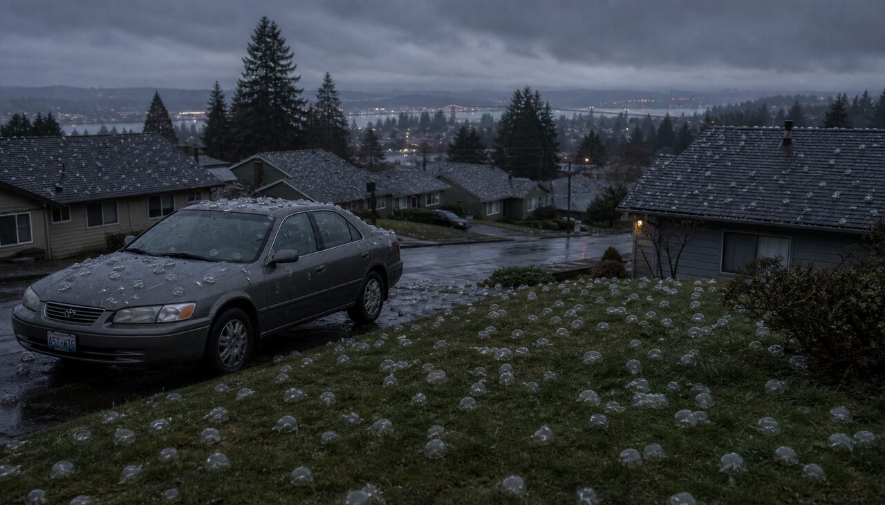 Thousands of small translucent blobs scattered across a lawn, a sedan, and the rooftops of a small Pacific Northwest town before dawn.