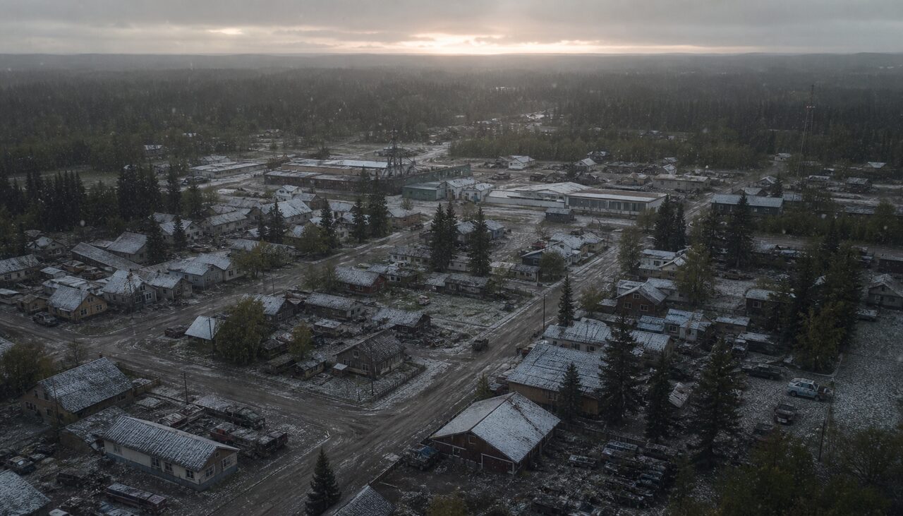 High overhead view of the town at dawn, yards and roads dusted with pale specks, timber at the edges.