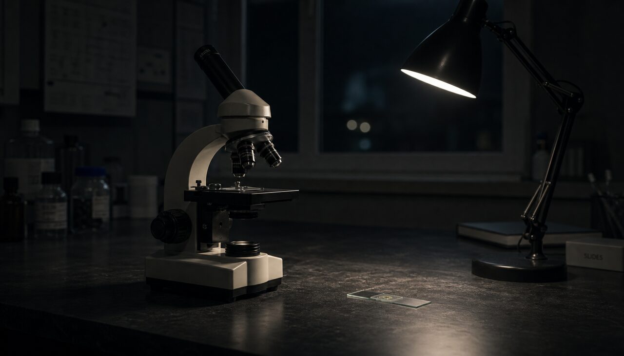 A single microscope on a dark lab bench under one desk lamp, a prepared slide resting beside it.