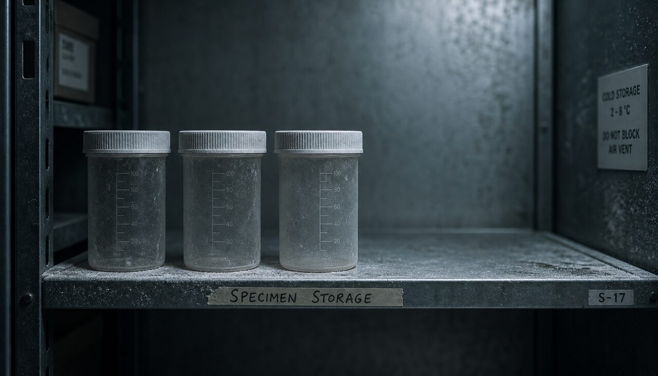 Three empty, dusty specimen containers in a row on a metal lab shelf, with a visible gap where a fourth should be.
