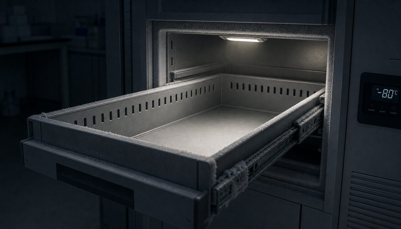 An open, empty laboratory freezer drawer, frost on the rails, no samples inside.