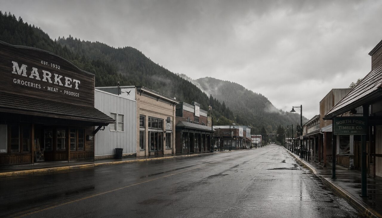 A quiet, empty main street in the timber town under flat grey sky, present day. Wet asphalt, no people.
