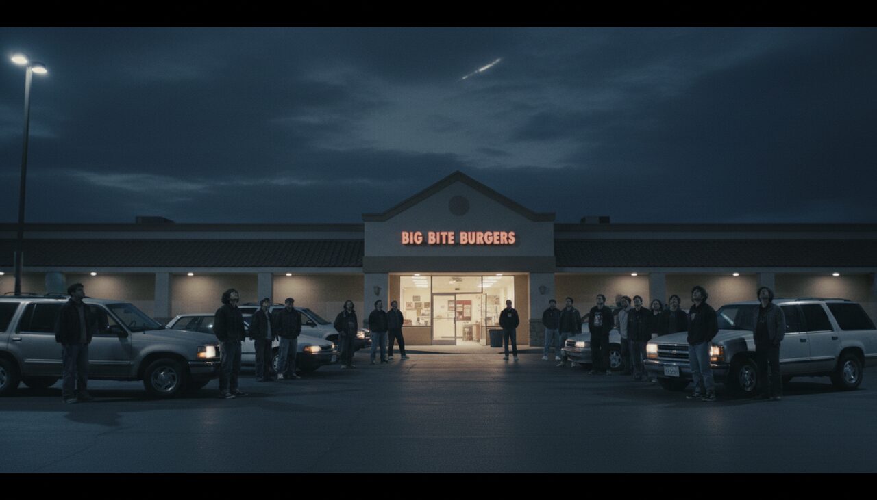 A strip mall parking lot, cars stopped at angles, everyone looking the same direction. The audience was the unusual part.