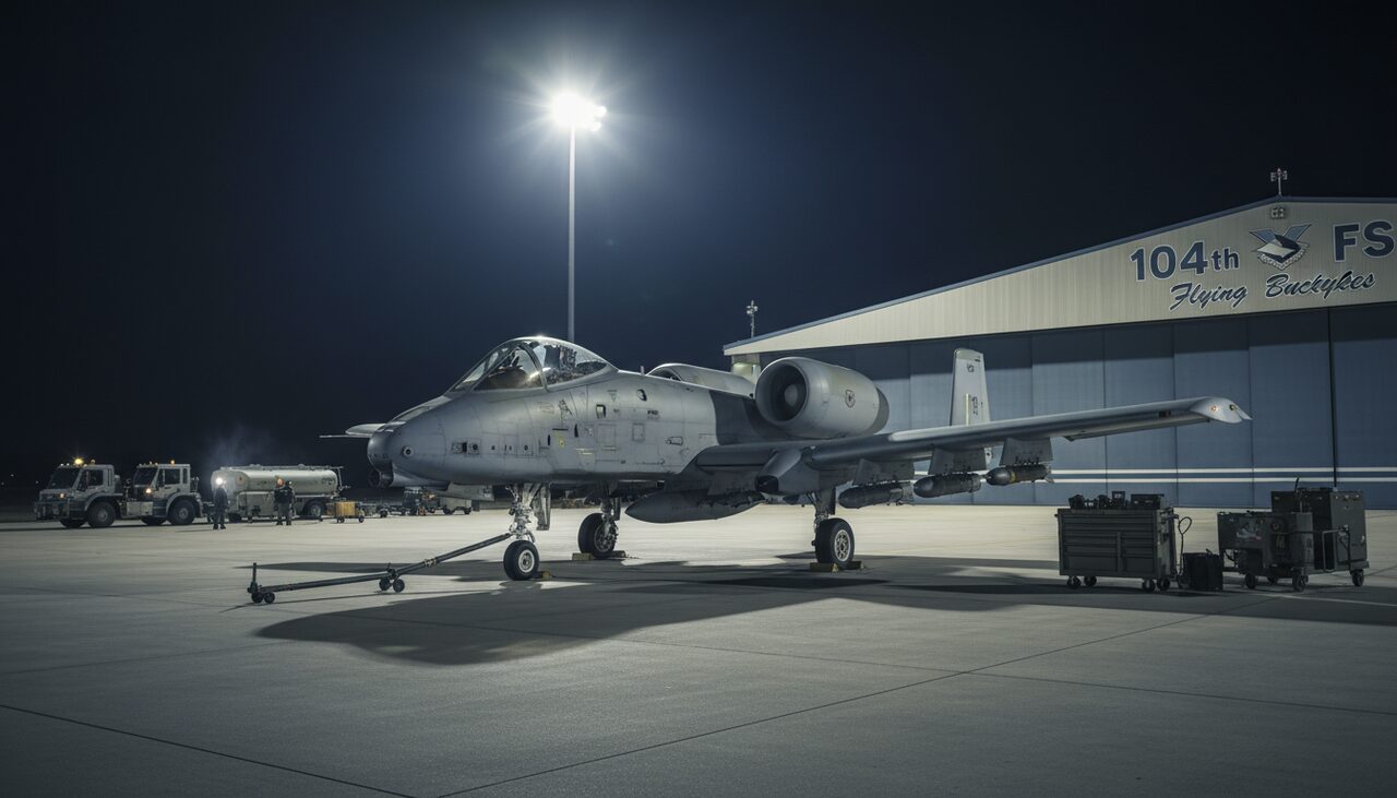 An A-10 on the tarmac, flare pods on the pylons. The 104th Fighter Squadron, Operation Snowbird.