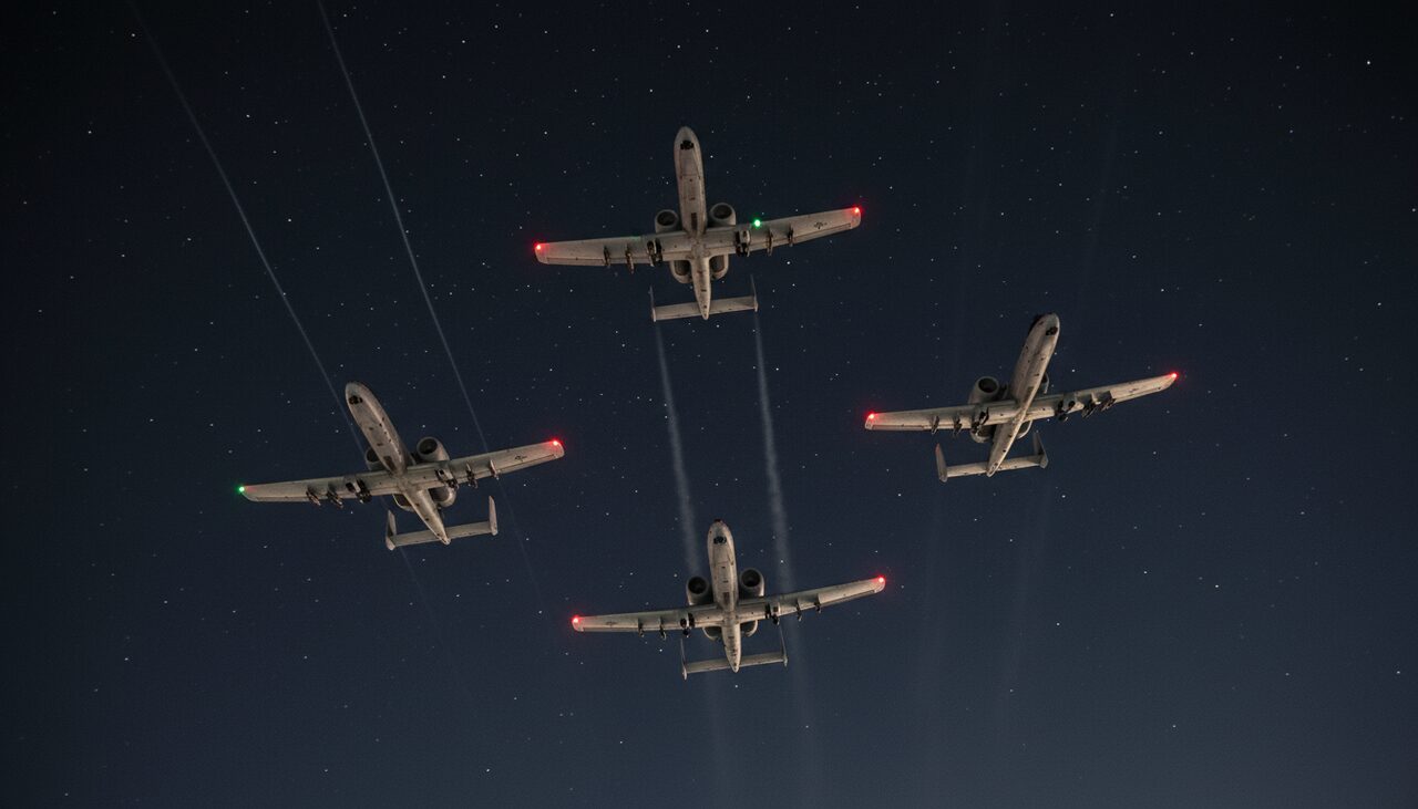A loose formation of A-10s from below at night, running lights and gaps of sky between them. One proposed explanation for the 7:30 V.