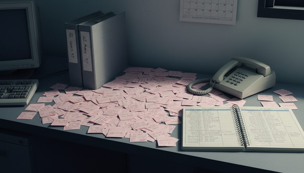 A desk of pink message slips and a call log, all the same date, all different names. The civilian record Davenport kept.