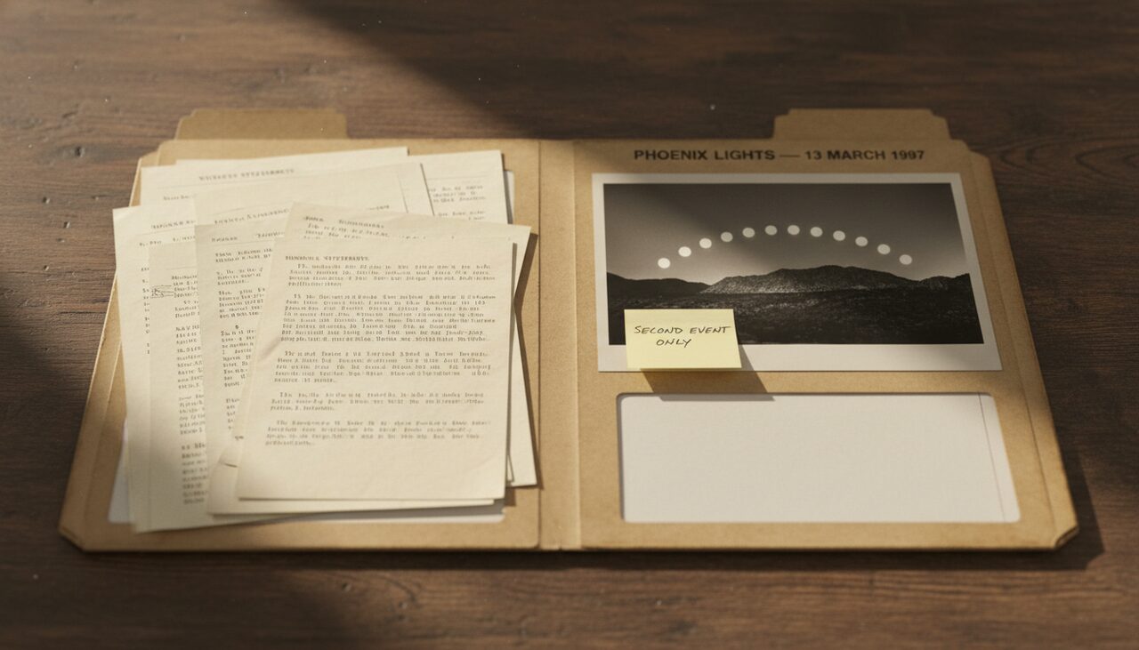 A case folder marked PHOENIX LIGHTS, half-empty, with a sticky note reading SECOND EVENT ONLY. An accurate summary of the filing.