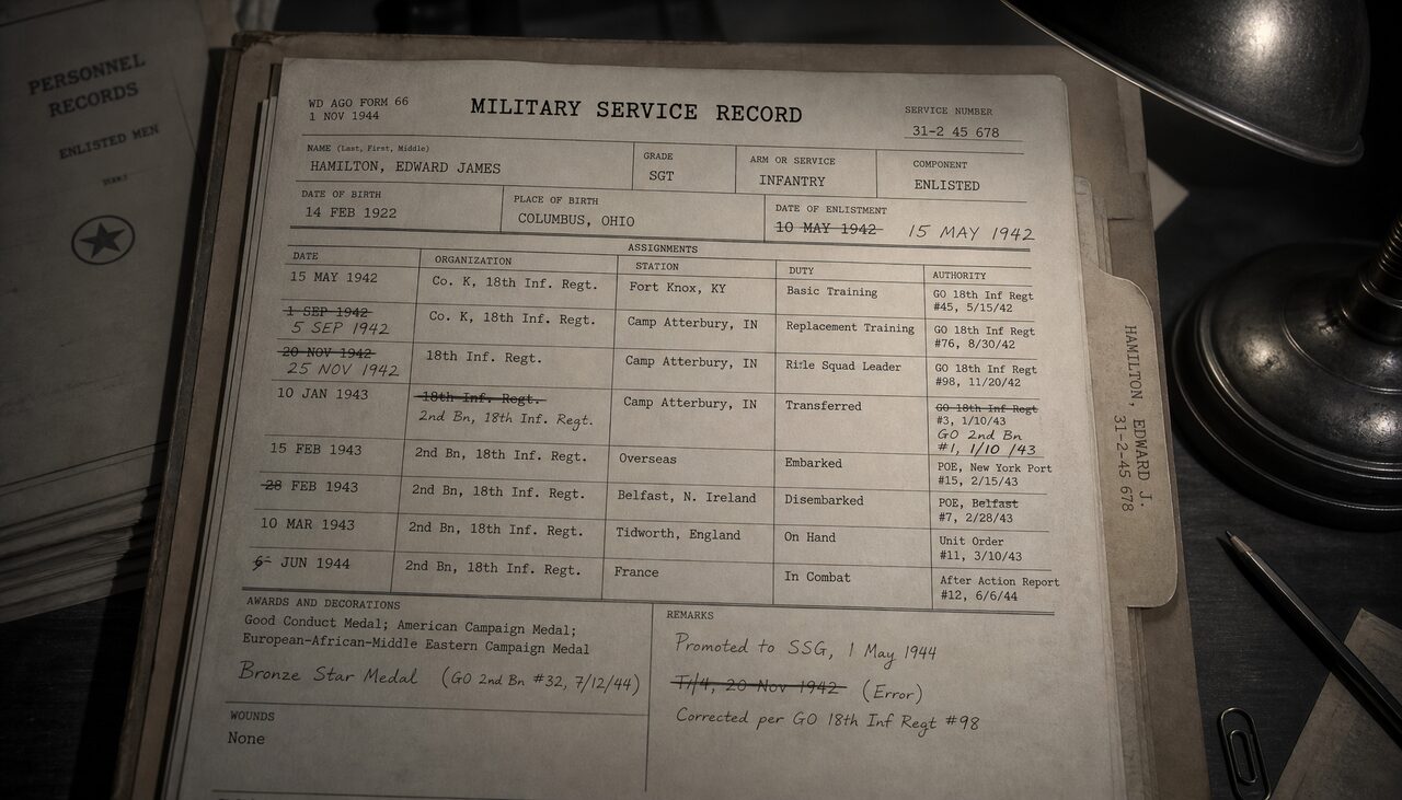 A service record with crossed-out and corrected entries. The witness, audited.