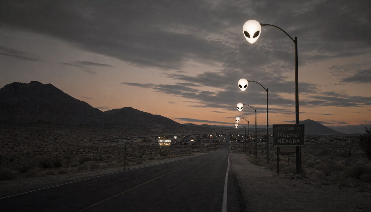 Alien-head streetlights along the highway into town. They are, by the way, still on.