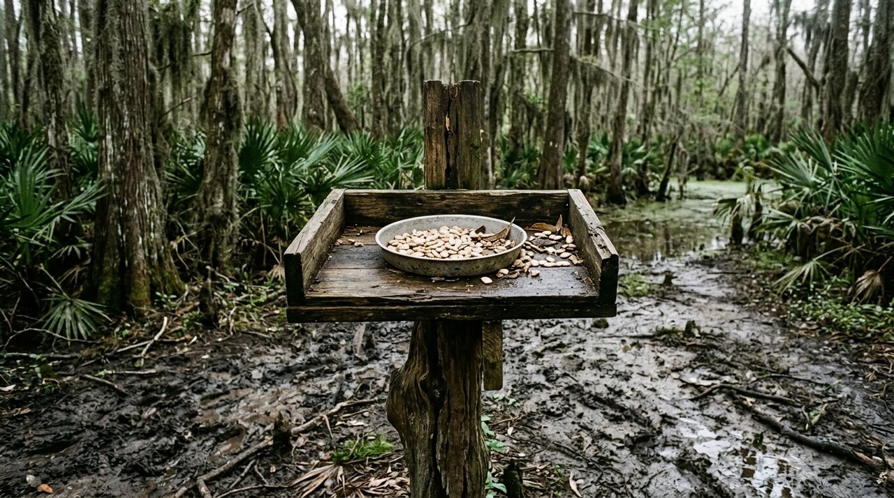 A bait stand on a post at the edge of a clearing, with a pan of lima beans on it. Wetted, the guidance specifies. Not soaked.
