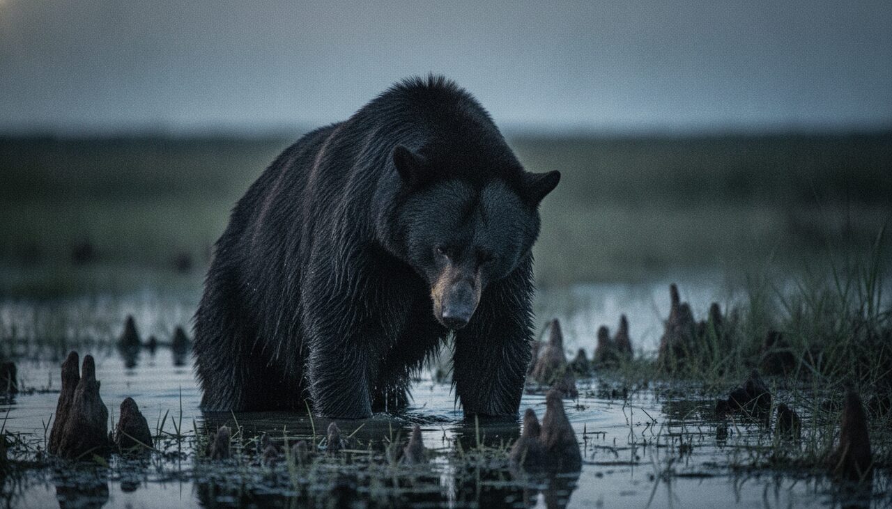 A Florida black bear in shallow water. Upright, wet, shoulder-heavy, and at a hundred yards in bad light, not obviously a bear.
