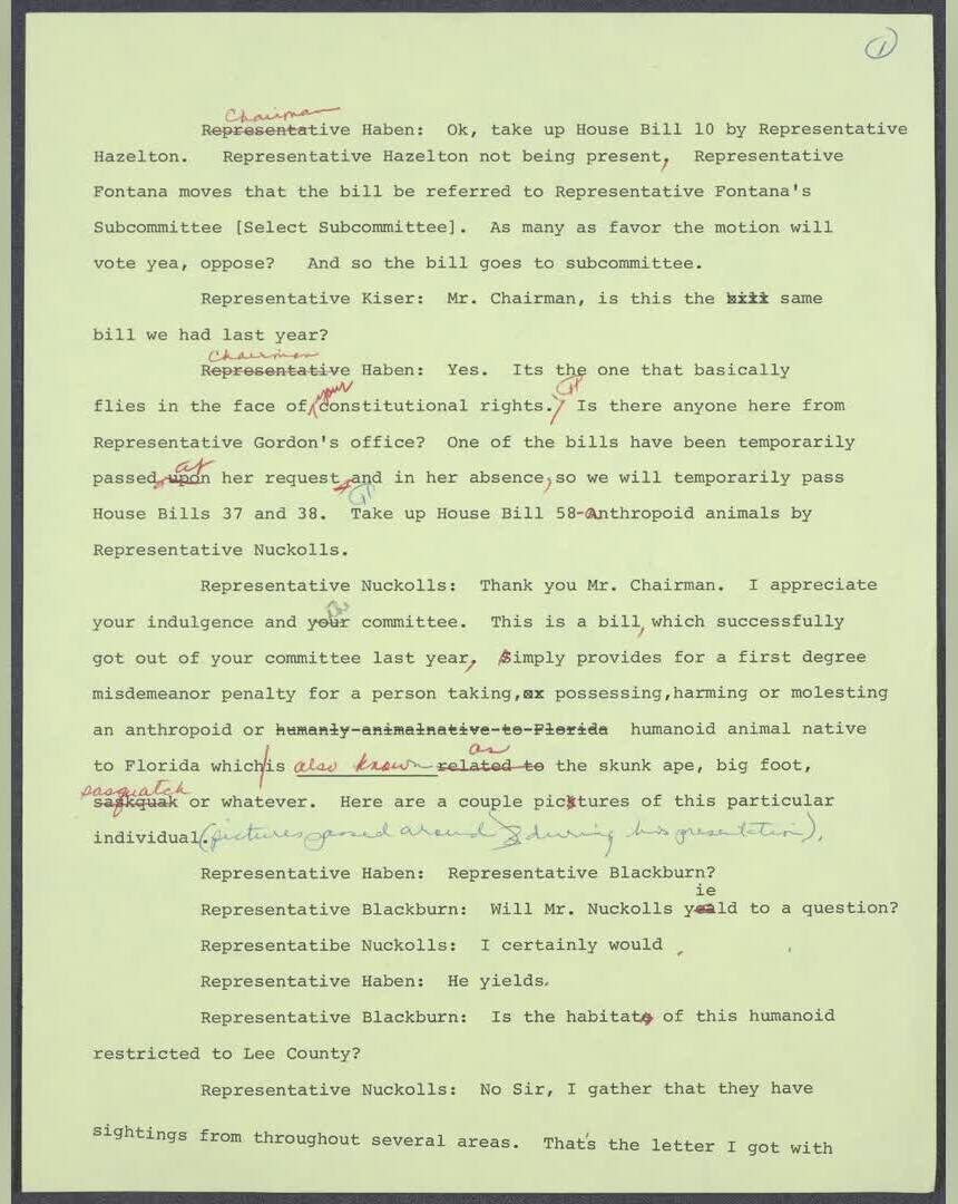 The 1978 committee transcript: Nuckolls introduces House Bill 58, and passes the photographs around.