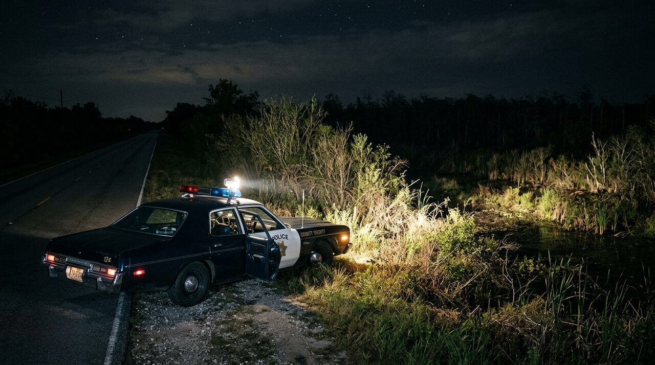 Highway 27, the eastern edge of the Everglades. Over the following two hours, other drivers reported something large walking along the road, limping.