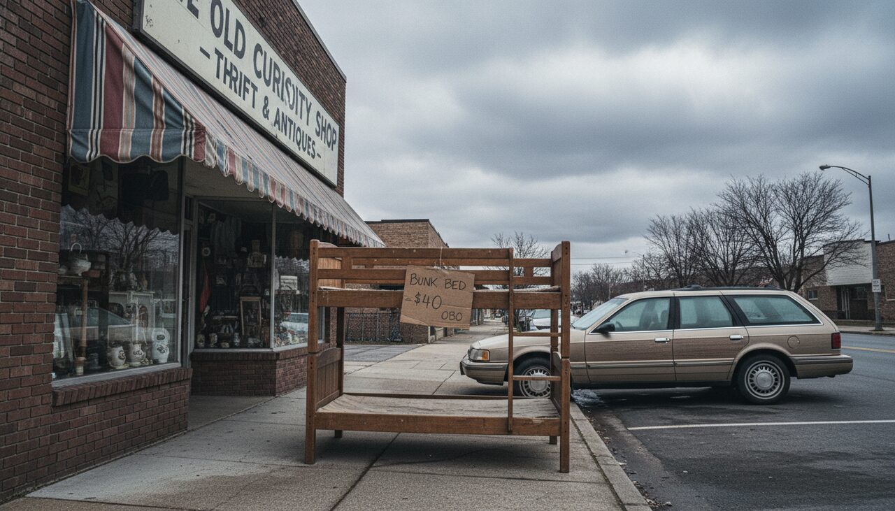 A secondhand bunk bed with a handwritten price tag, outside a small-town thrift store. Origin unknown. Acquisition records not maintained.