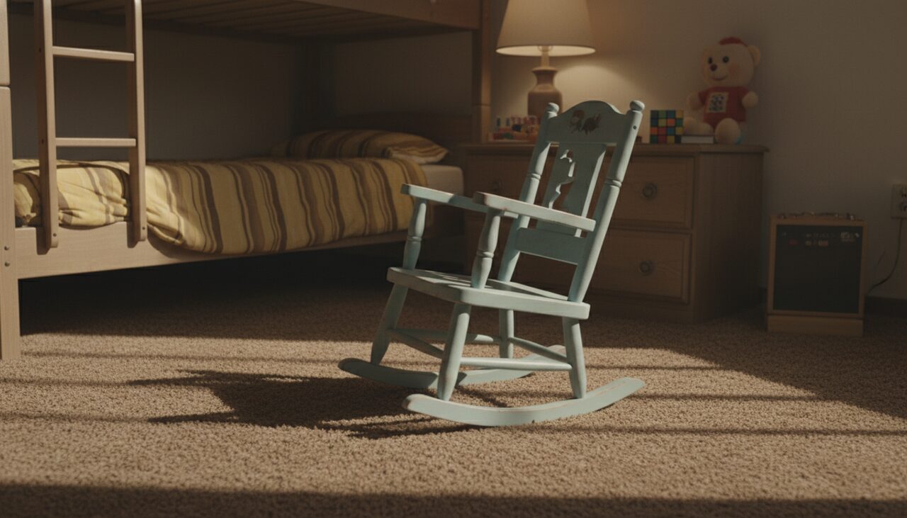 A small wooden rocking chair, mid-rock, with no one in it. Reported by parents and children alike.