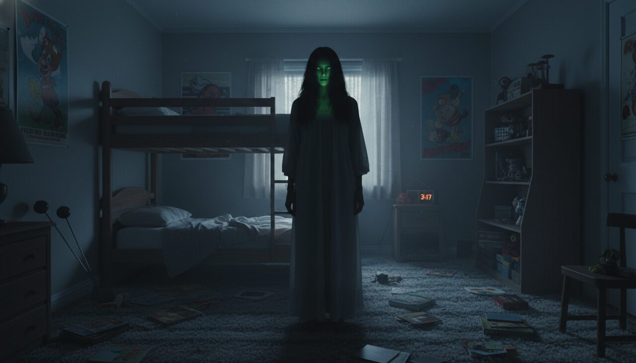 The figure the children described: tall, dark hair, a face lit an unnatural green. Reported near the bunk beds. Silent.