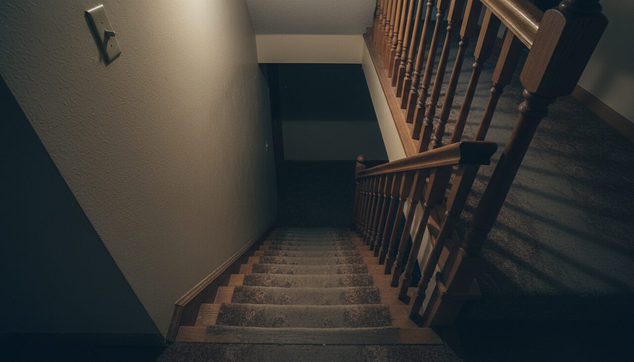 Looking down the basement stairs. Allen reported being pushed near the top landing. The smell came from somewhere down here.