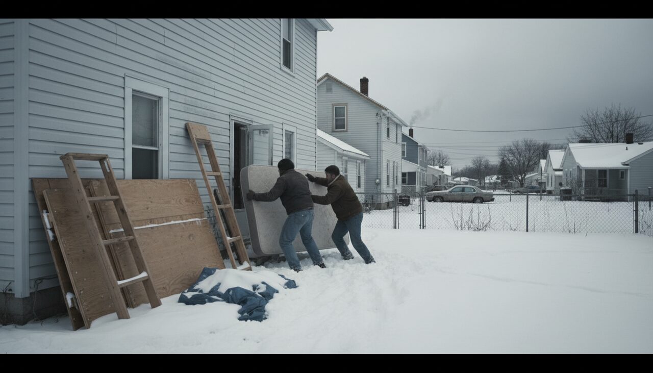 The bunk bed carried out the back door into the snow. According to Debbie, it was buried in a private landfill.