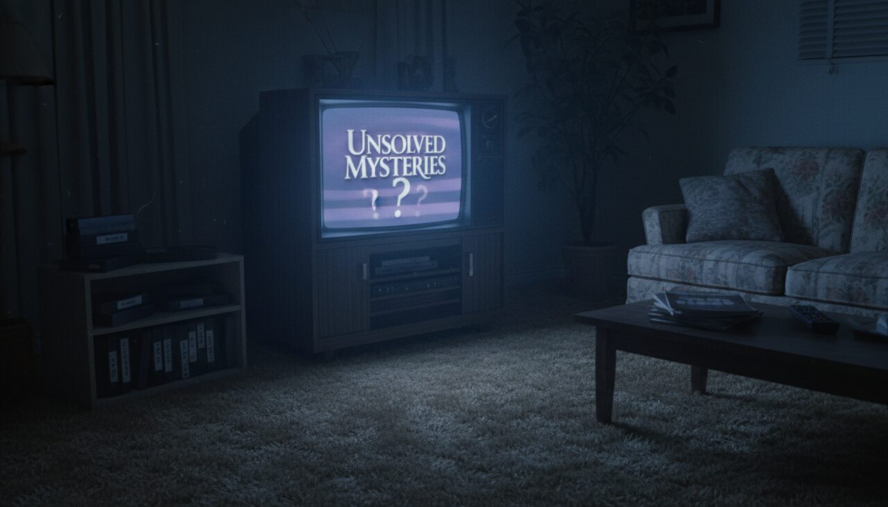 The *Unsolved Mysteries* title card on a wood-grain television. Robert Stack, a trench coat, and the vocal warmth of a federal subpoena.