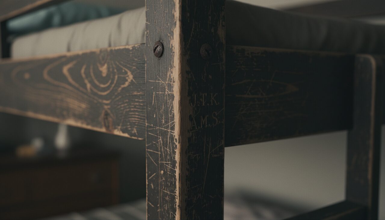A corner joint of the old bunk bed, worn finish and faint initials. The only variable that changed in the house. Then changed back when it left.