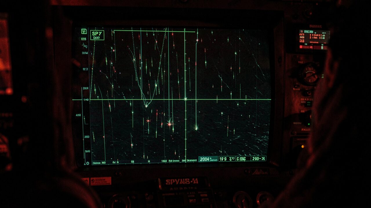 Senior Chief Day's view of the SPY-1 scope: contact tracks dropping in tight vertical lines, the pattern repeating across the display.