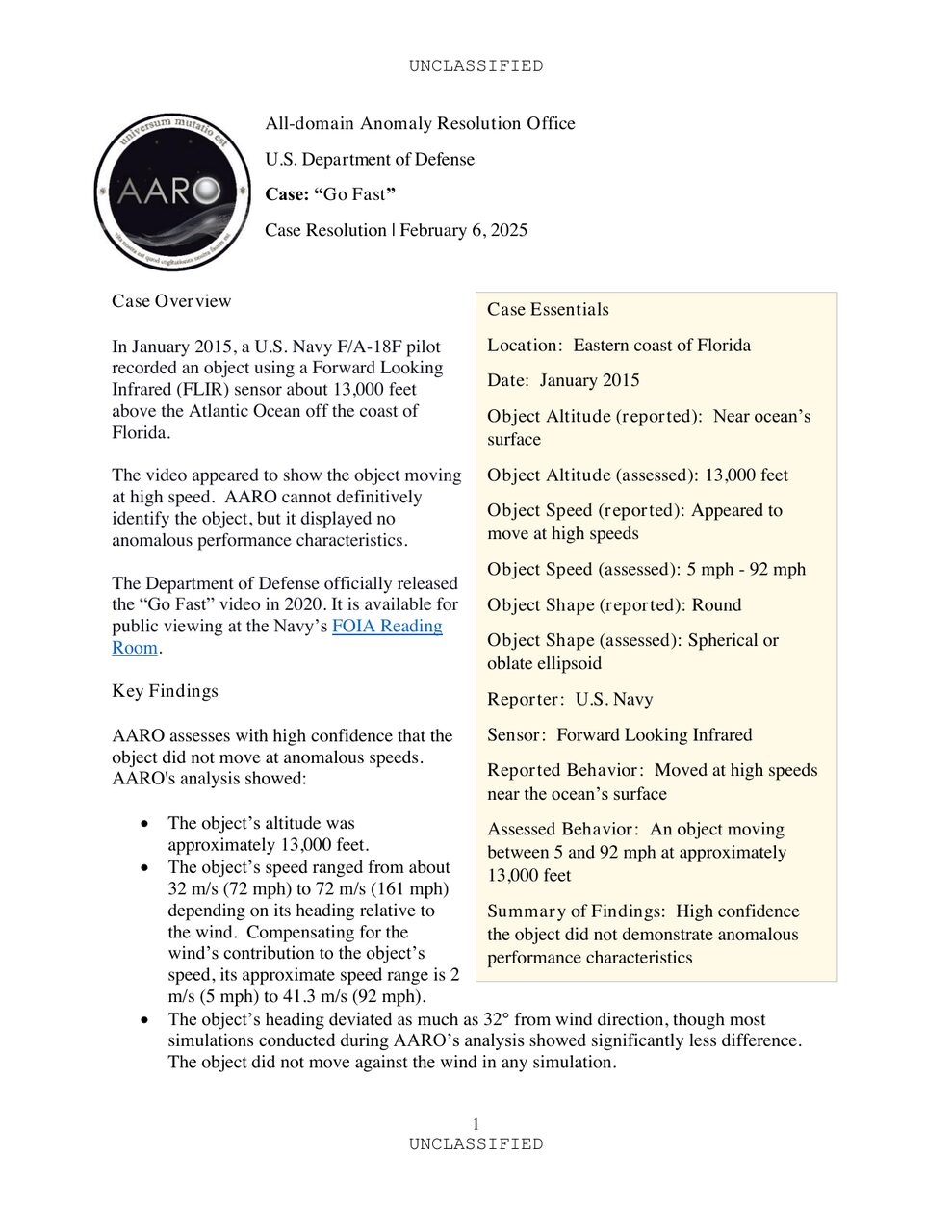AARO's case-resolution document for "Go Fast": high confidence the object did not demonstrate anomalous performance characteristics.