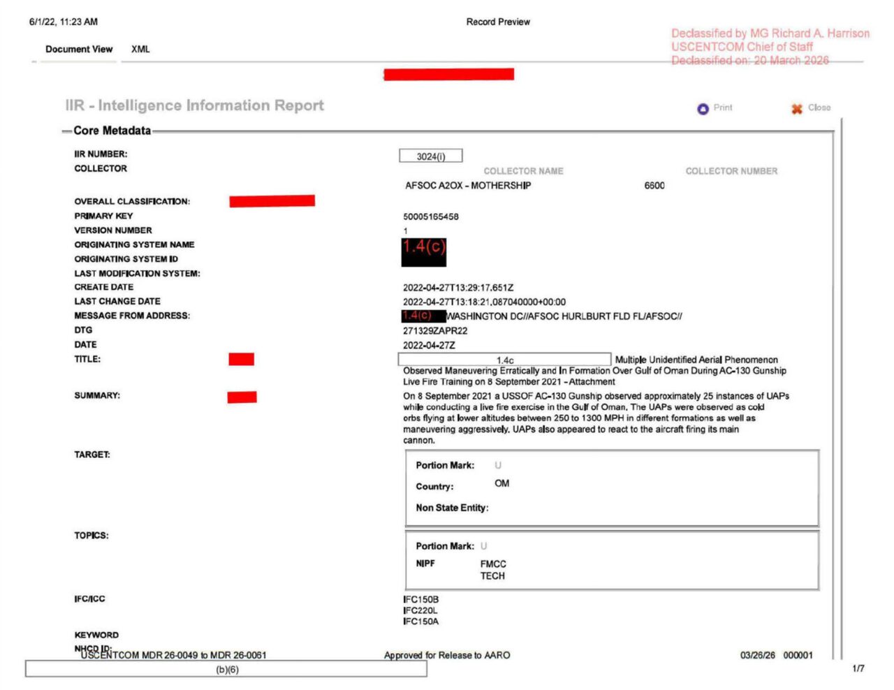 The intelligence report itself, declassified in March 2026 and approved for release to AARO.