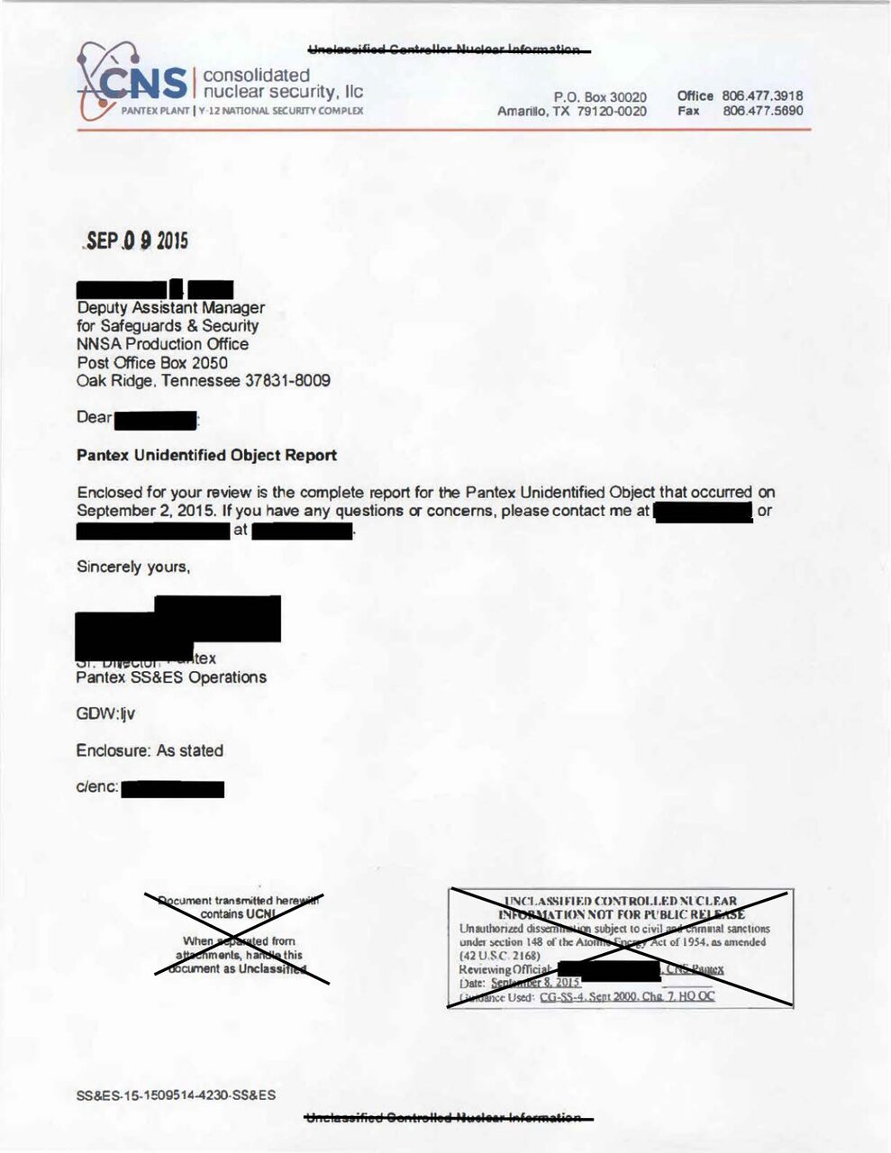 The Pantex transmittal letter, September 2015. The enclosure it refers to is not in the file.