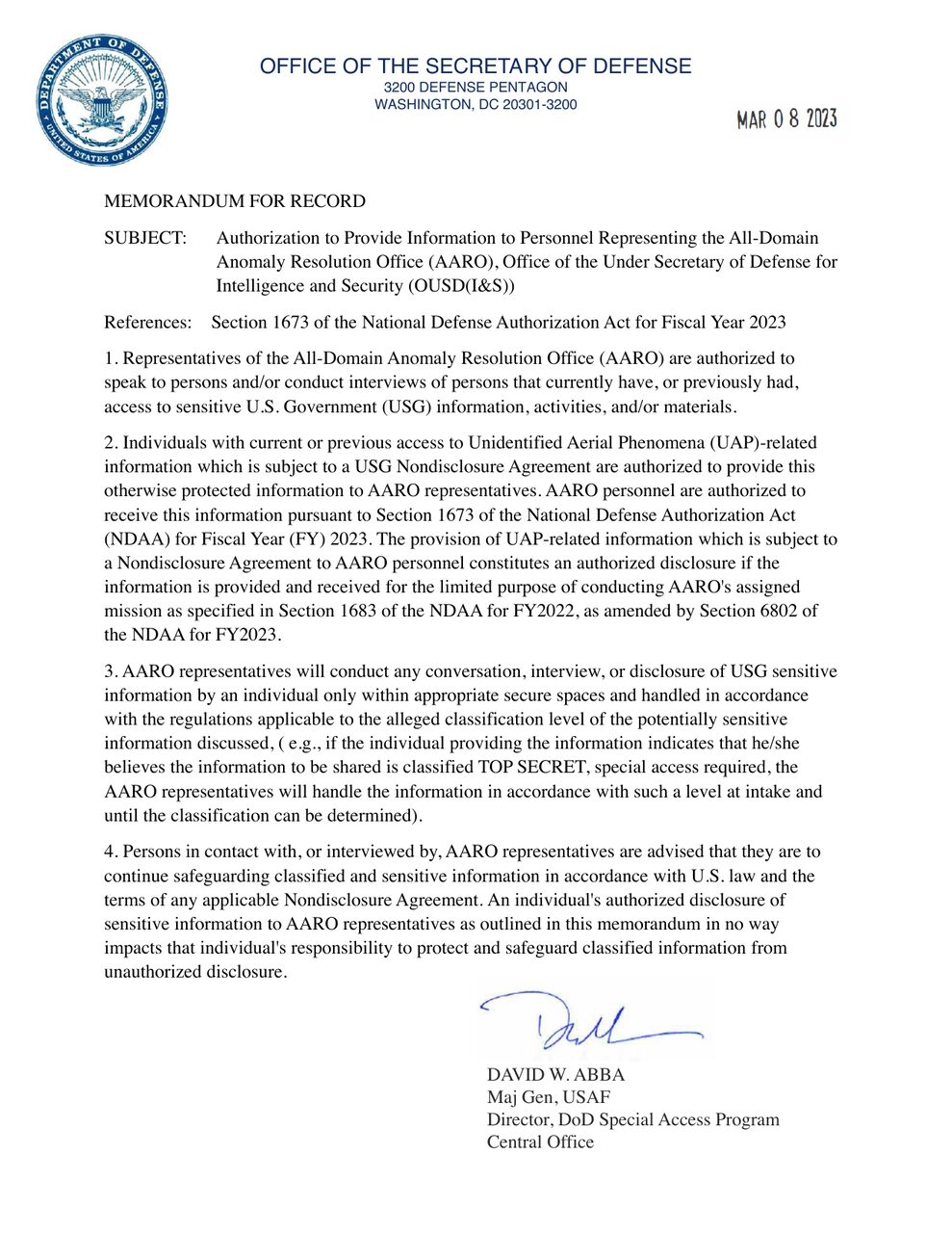 The March 2023 memorandum: the DoD's own Special Access Program Central Office confirming that a nondisclosure agreement does not bar telling AARO.