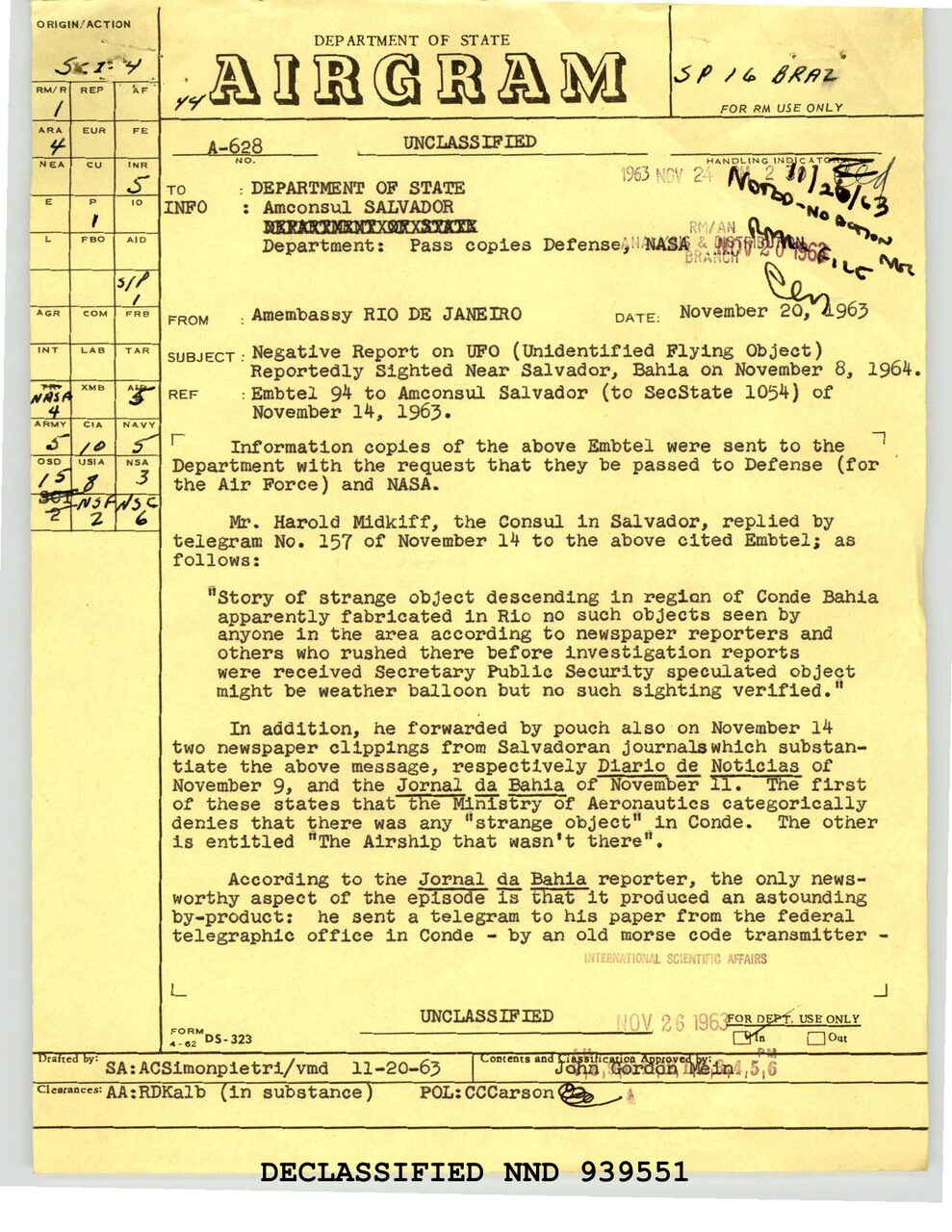 A State Department airgram, Rio de Janeiro, November 1963, filed under the subject "Negative Report on UFO." One of the newspaper clippings enclosed with it is headlined "The Airship that wasn't there."