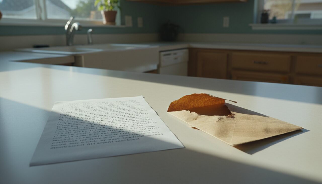 A handwritten letter unfolded on a kitchen counter, the block lettering visible but not legible. The torn envelope offered no return address.
