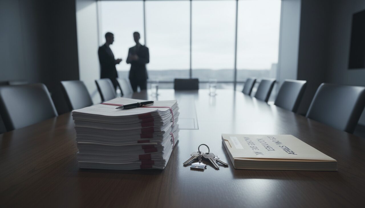 A closing table: stacked documents, a pen, a single set of keys on a ring. Everything in order.