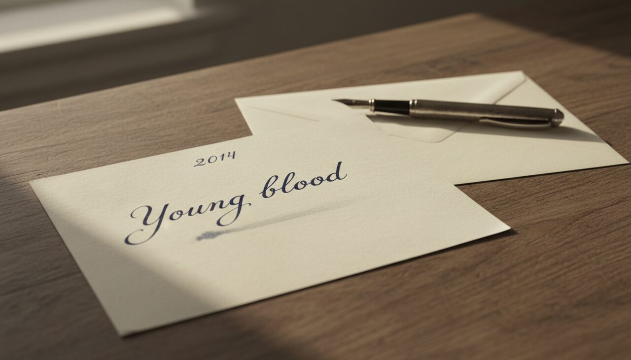 The phrase "young blood," in careful cursive, on cream paper. The return address line is blank.