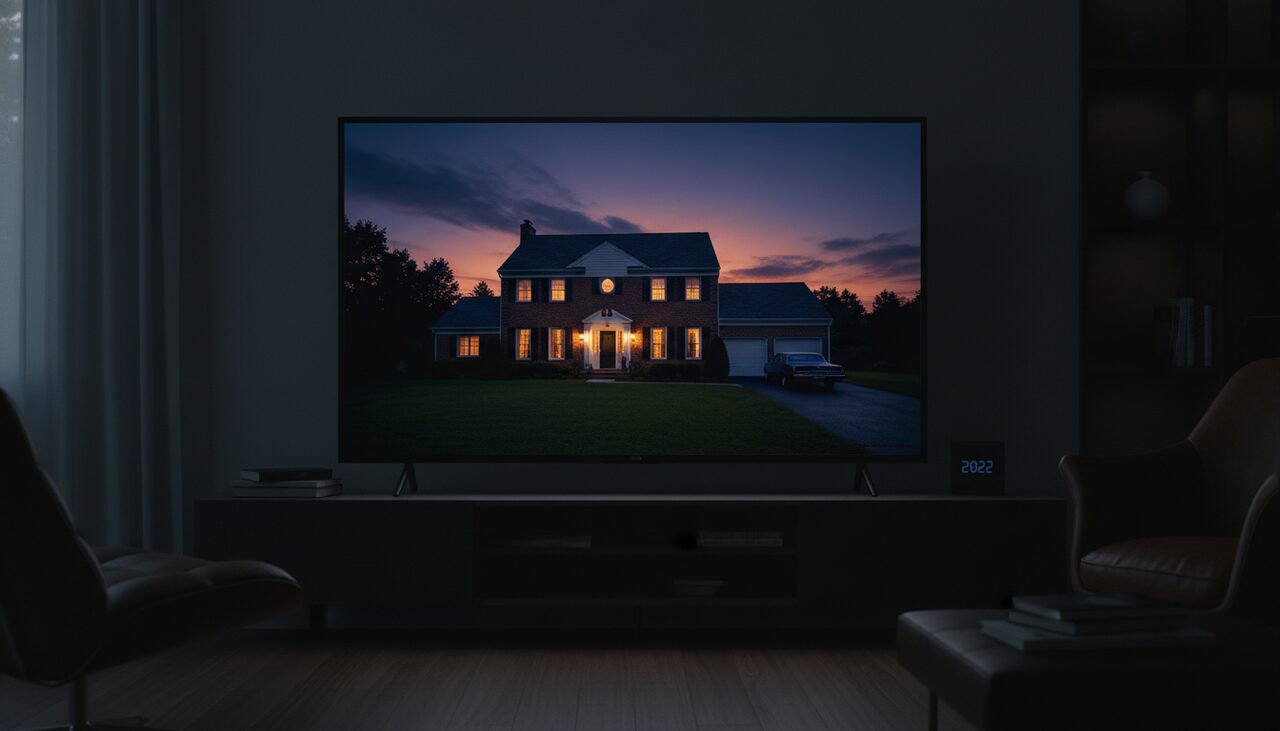 A dramatized colonial house glowing on a television screen in a dark room. The show got the anxiety right and the facts wrong, on purpose.