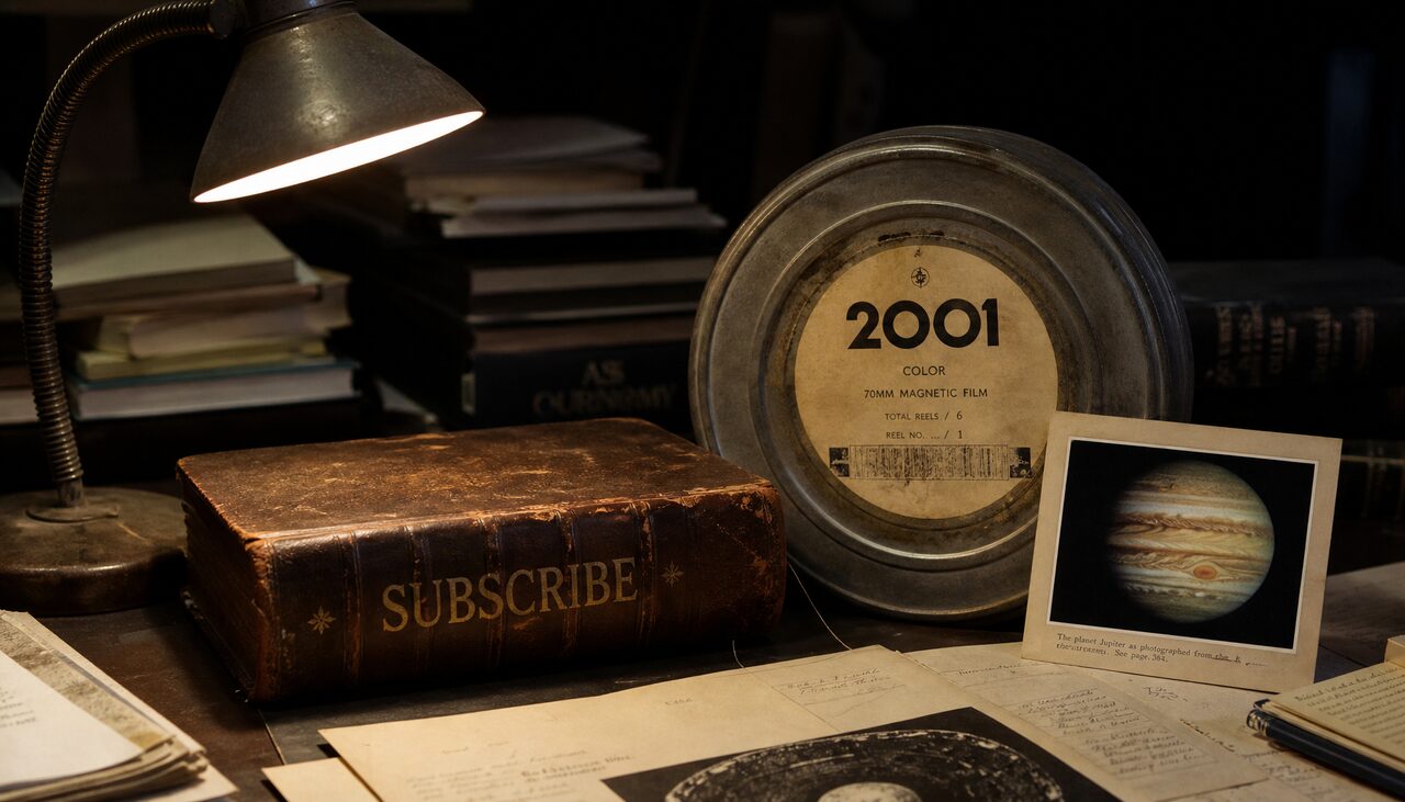 Three sources, one desk lamp: a historian, a film canister, and a photograph of Jupiter.