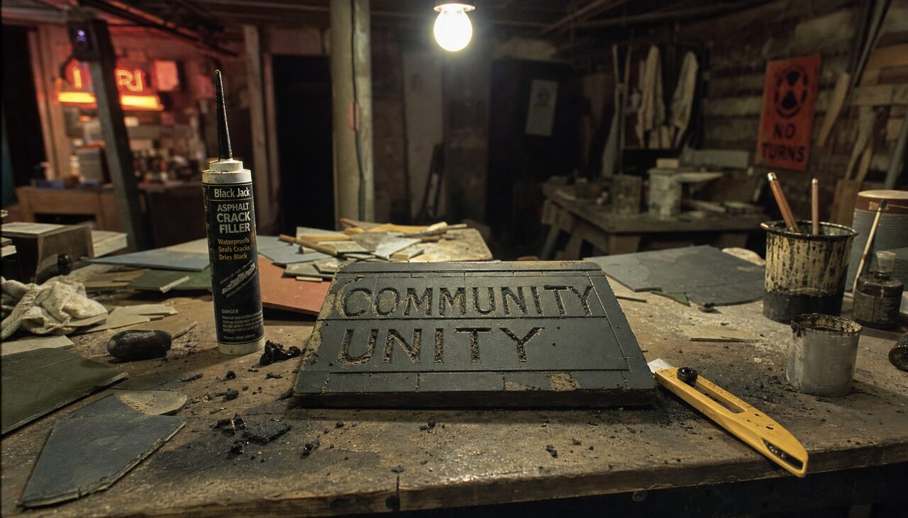 A workbench mid-process. Linoleum, crack filler, a utility knife, and patience.