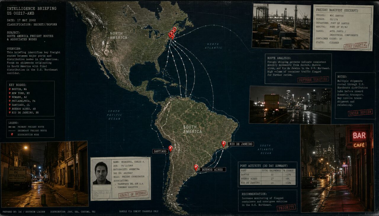 North and South America, with the South American pins added. The freight routes line up; the motive does not.