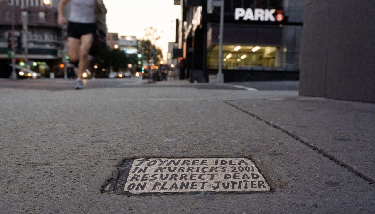 A recently photographed tile, still legible decades on, a jogger passing without looking down.